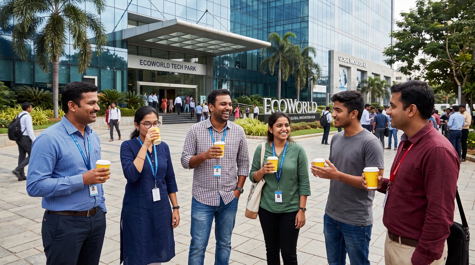 IT professionals having coffee in paper cups outside a tech park